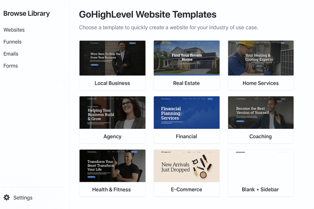 GoHighLevel Website Template selection screen