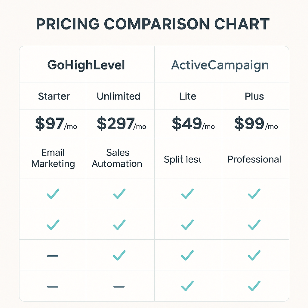 GoHighLevel vs ActiveCampaign feature comparison table