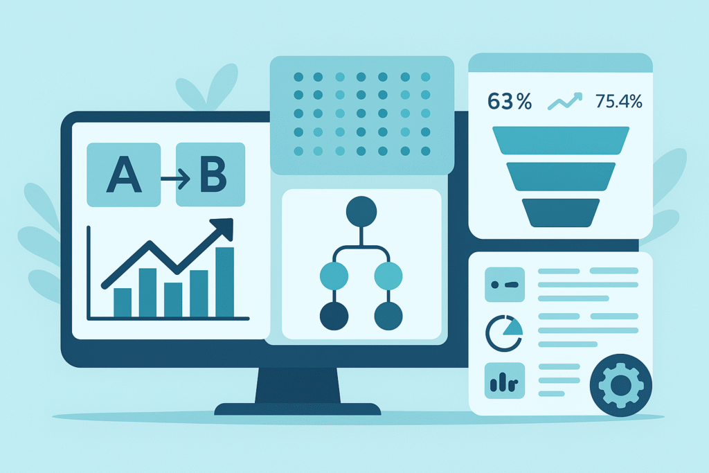 Flat illustration of a dashboard with A B testing panels