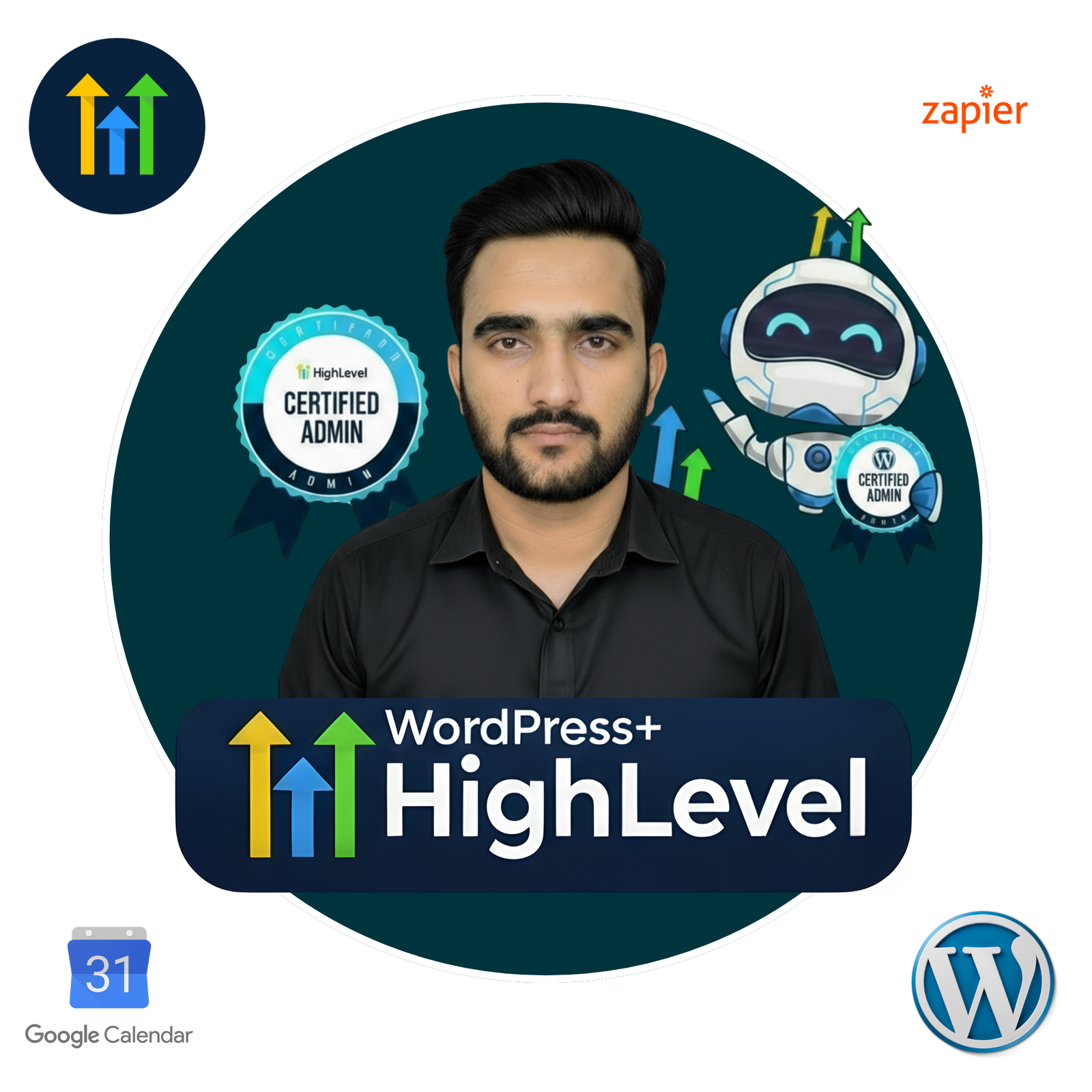 GoHighLevel and WordPress integration visual with certified admin