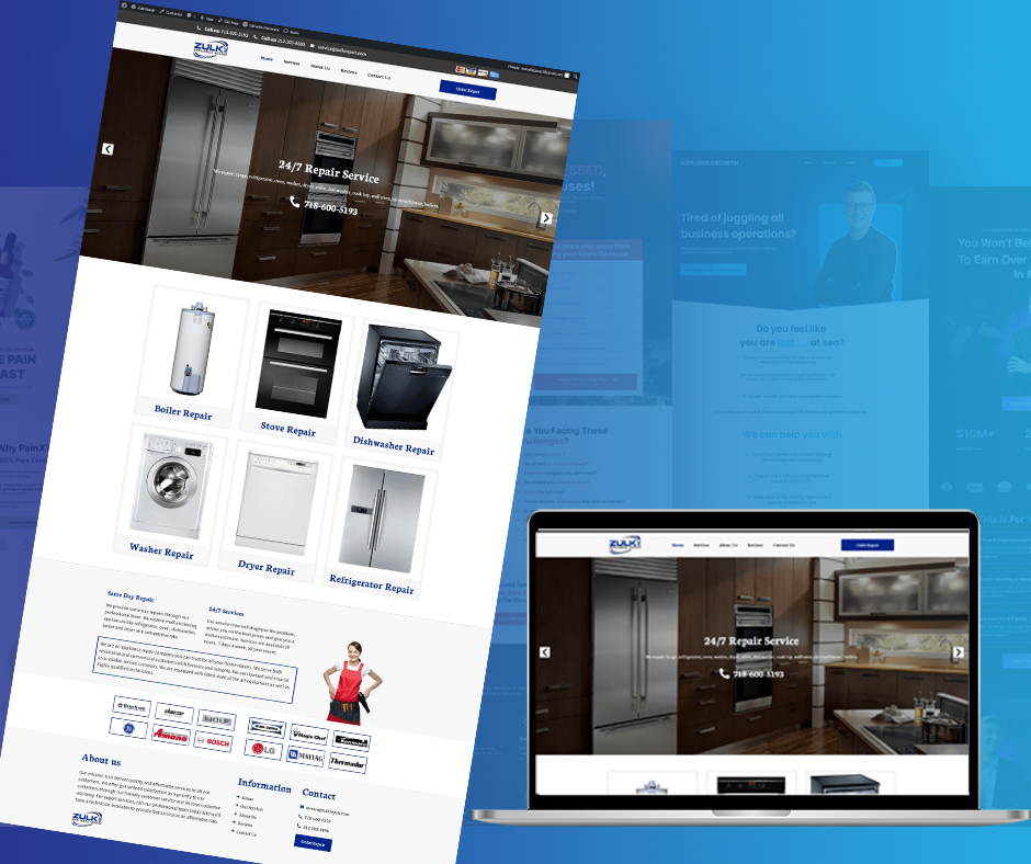 Professional appliance repair service website on desktop and laptop screens.