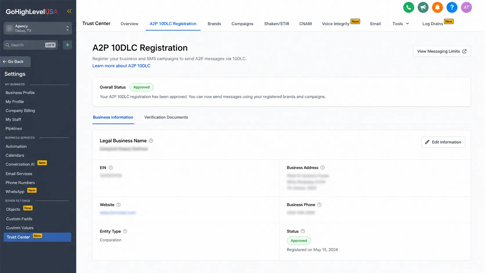 A2P 10DLC registration screen inside GoHighLevel