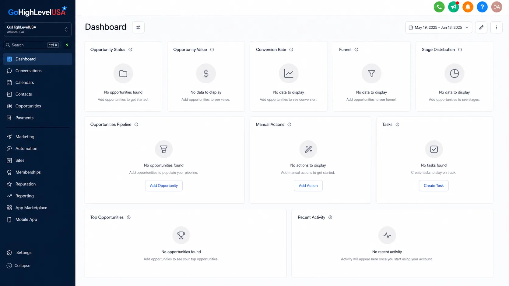 Empty GoHighLevel dashboard before a GoHighLevel agency sets it up