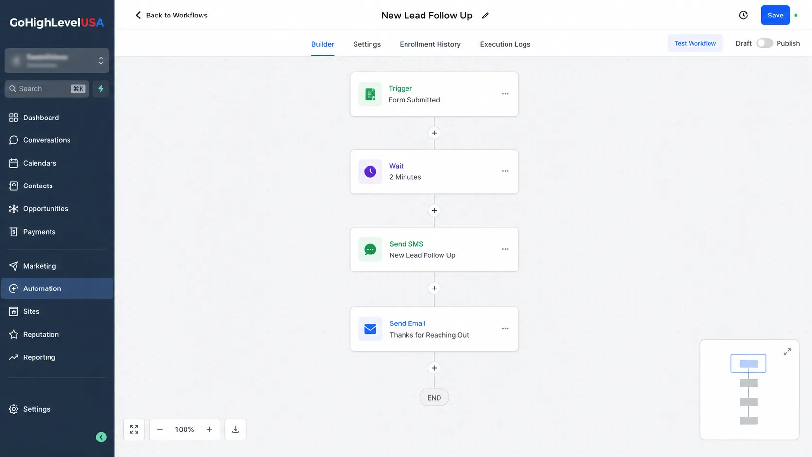 Workflow builder inside GoHighLevel showing an automated lead follow up