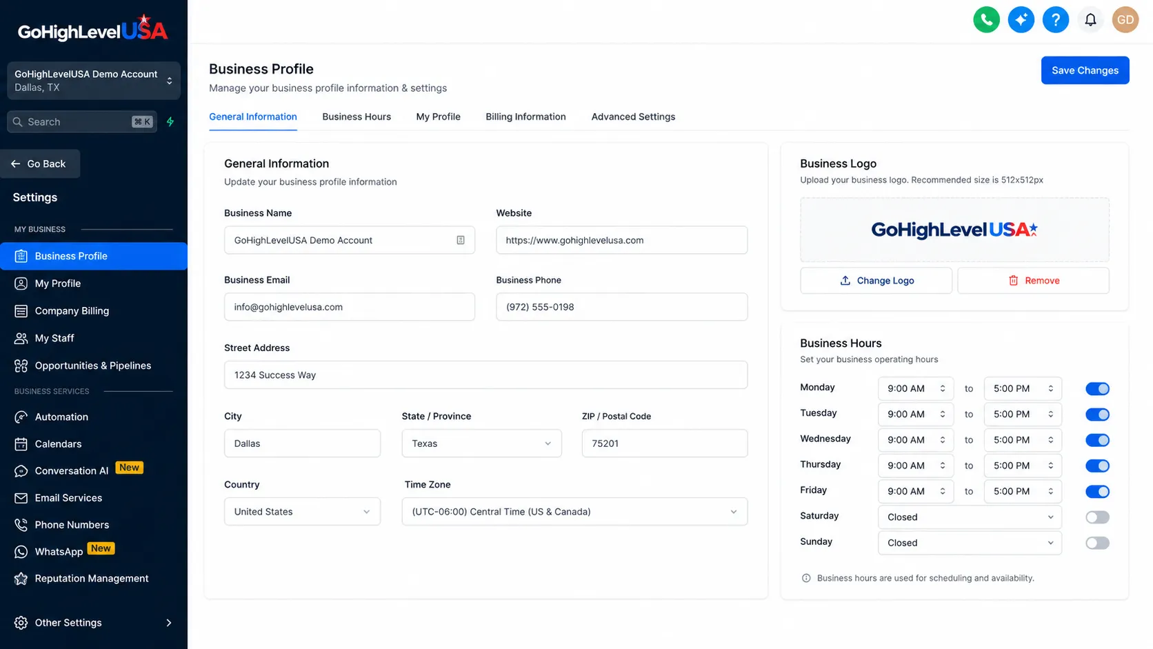 GoHighLevel settings screen during a GoHighLevel setup service build