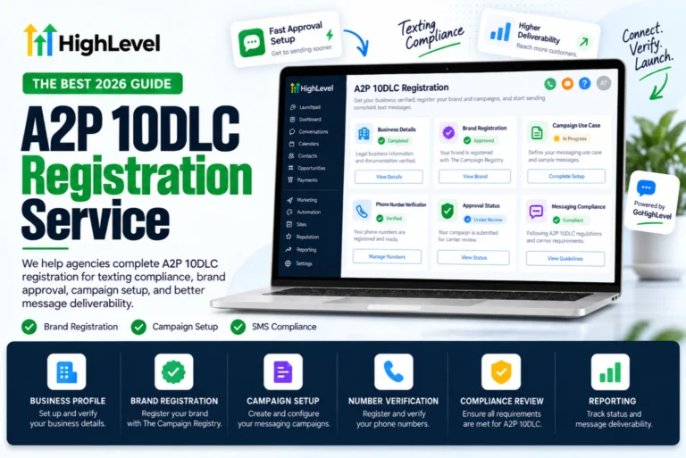 A2P 10DLC registration service screen in GoHighLevel showing brand registration, campaign use case and approval status