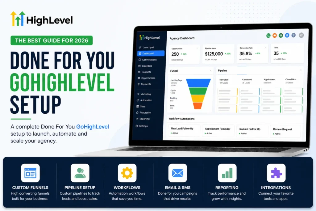 Done For You GoHighLevel Setup shown on an agency dashboard with funnels, pipeline and workflows
