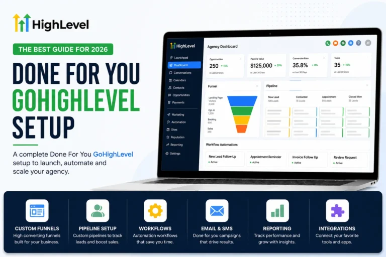 Done For You GoHighLevel Setup shown on an agency dashboard with funnels, pipeline and workflows
