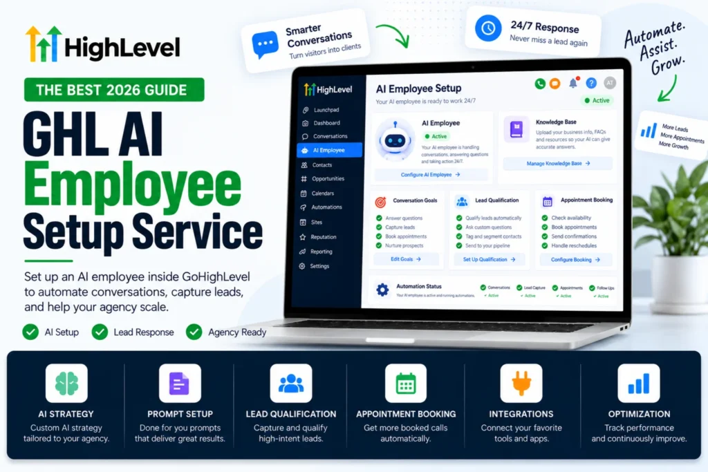 GHL AI employee setup service dashboard inside GoHighLevel with conversation goals, lead qualification and appointment booking