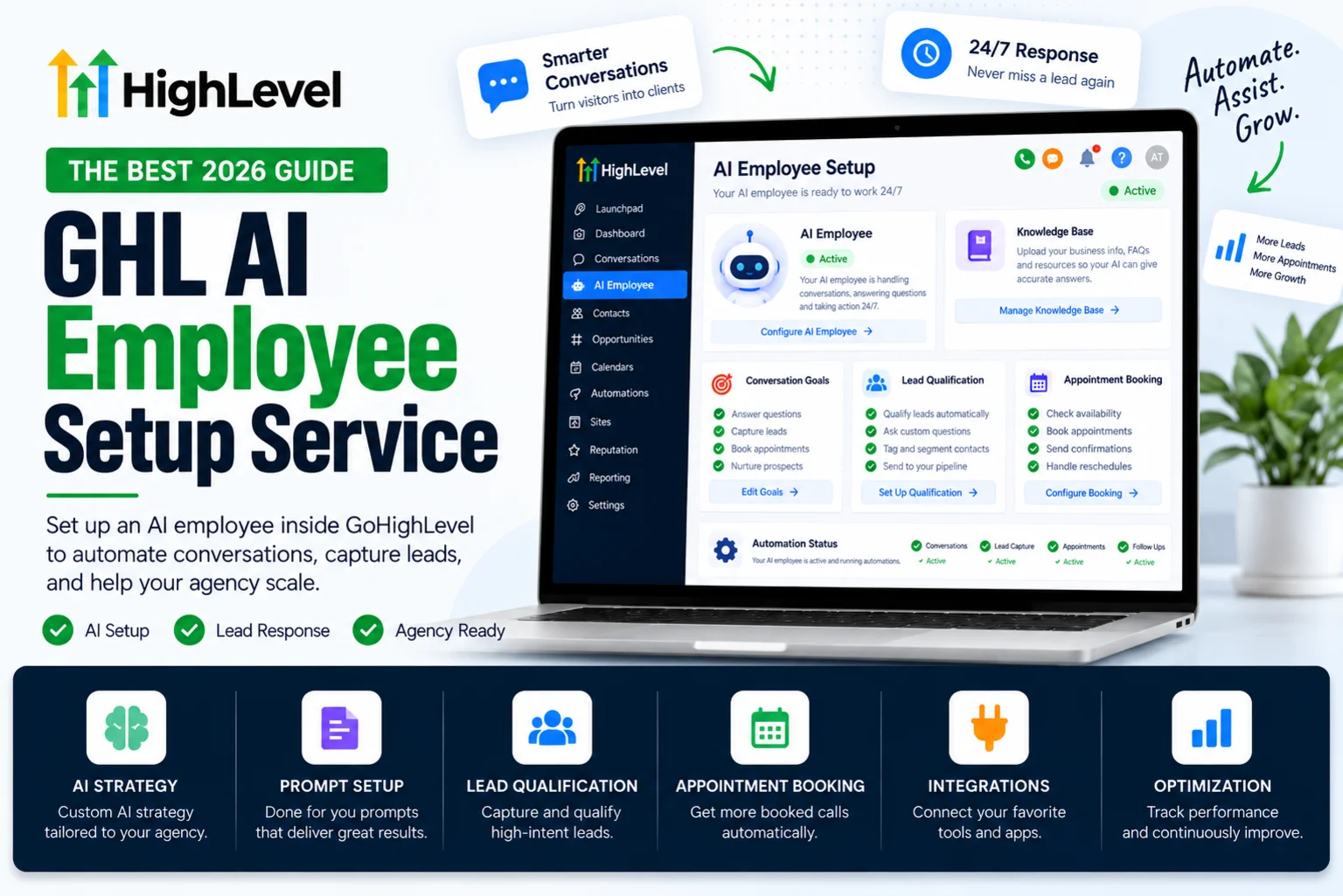 GHL AI employee setup service dashboard inside GoHighLevel with conversation goals, lead qualification and appointment booking