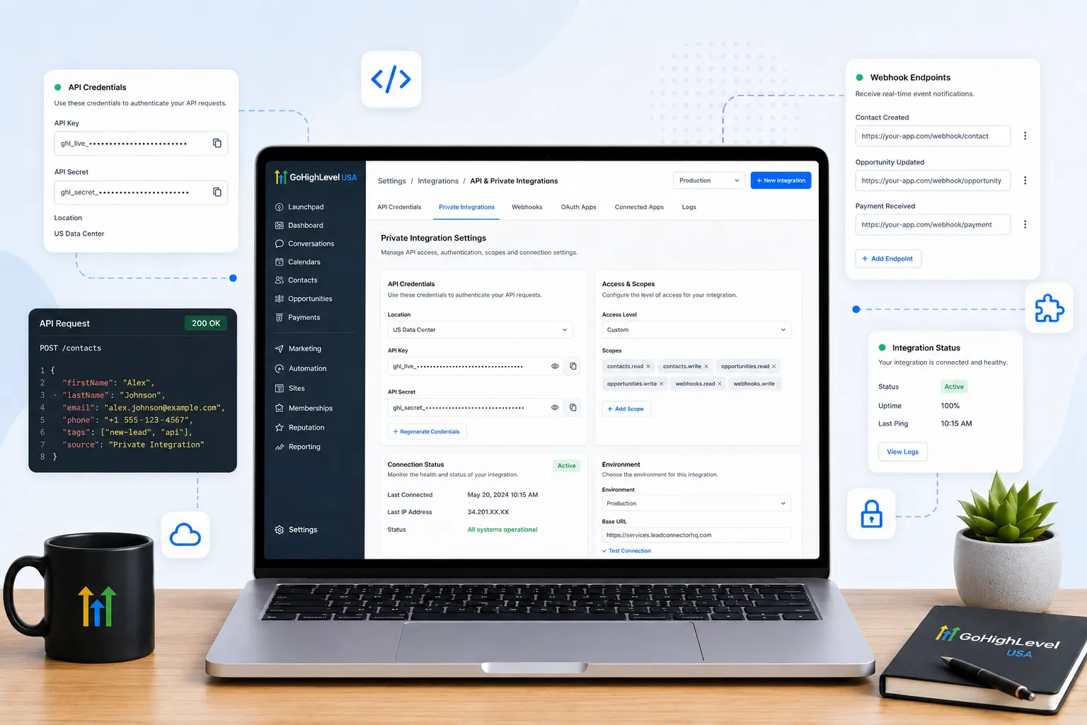 GoHighLevel API and private integration settings screen used by a GoHighLevel developer