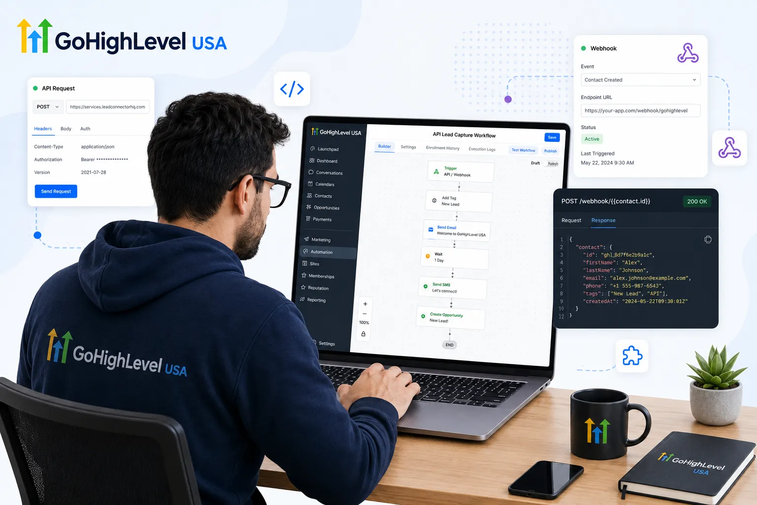 GoHighLevel developer working on a lead capture workflow and an API integration