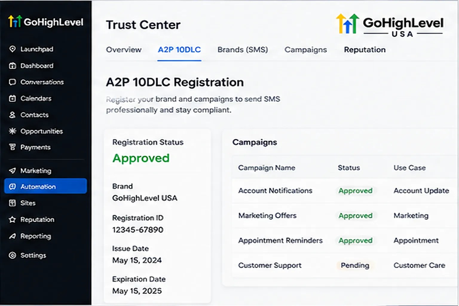Checking A2P 10DLC registration status when hiring a GoHighLevel expert