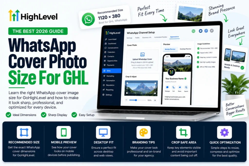 WhatsApp cover photo size for GHL shown inside the GoHighLevel WhatsApp setup screen