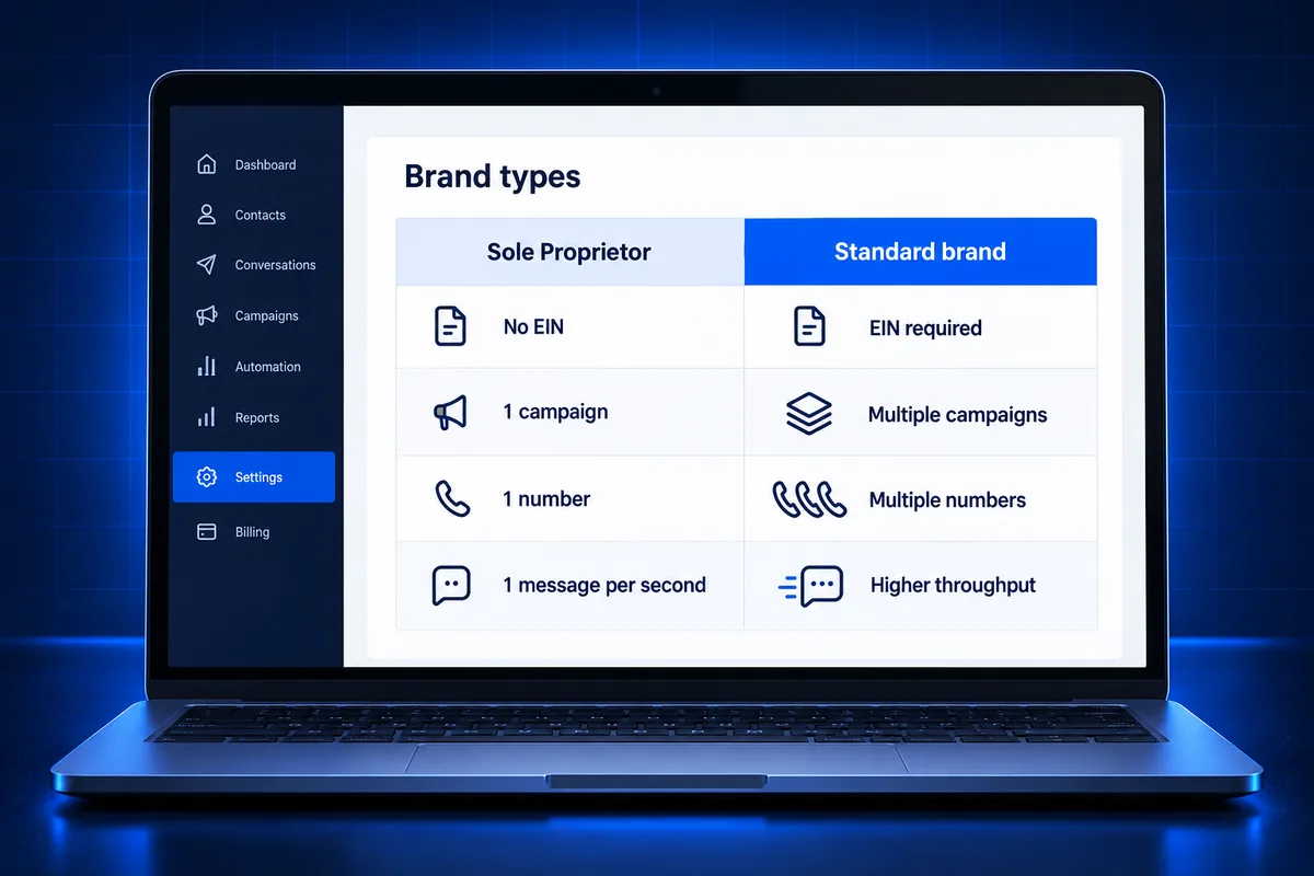 A2P 10DLC sole proprietor brand vs standard brand limits compared
