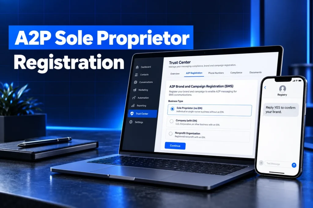 A2P 10DLC sole proprietor registration in the GoHighLevel Trust Center with OTP verification