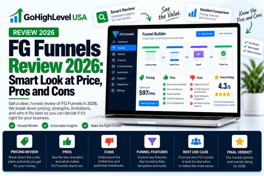 FG Funnels review 2026 featured image with laptop showing a funnel page