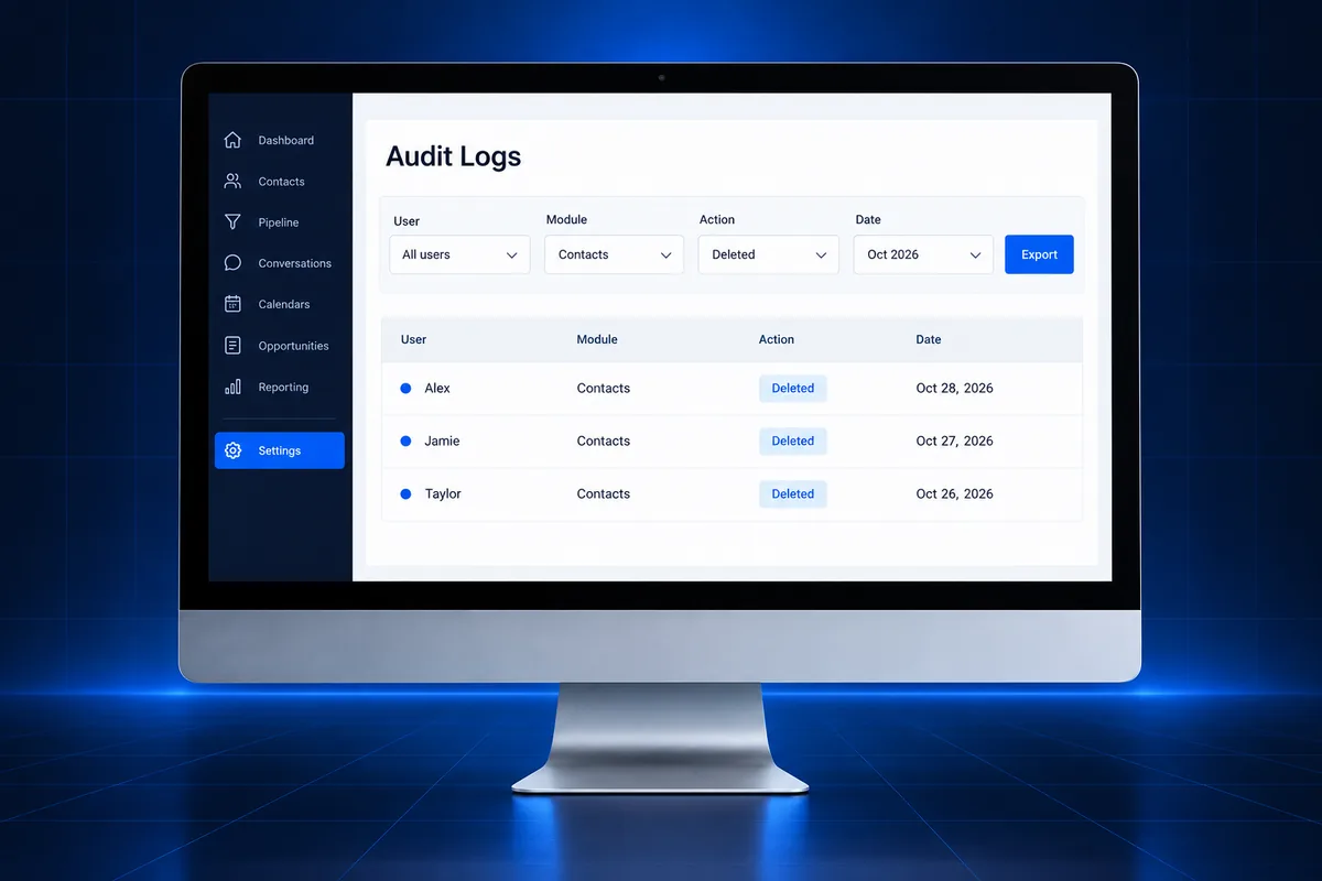 GHL audit logs filtered by user, module, action and date