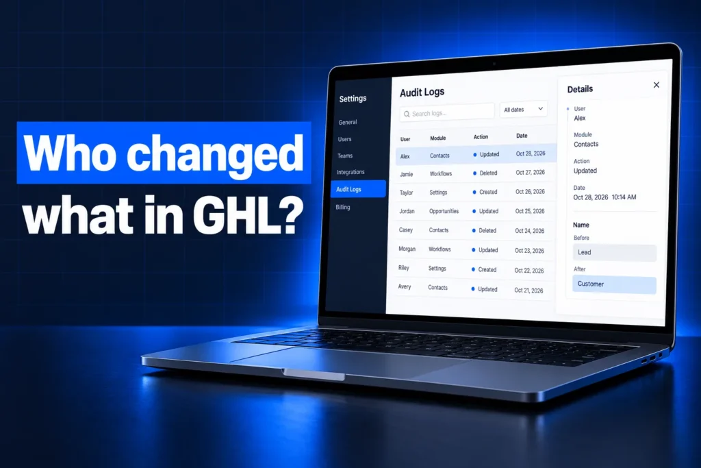 GHL audit logs screen showing who changed what in GoHighLevel