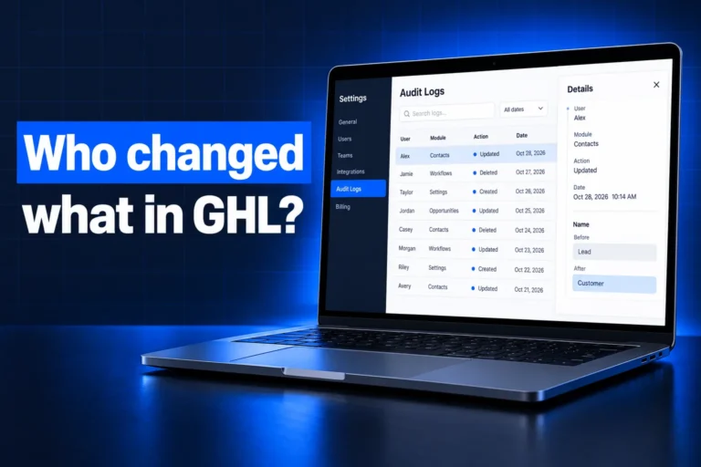 GHL audit logs screen showing who changed what in GoHighLevel