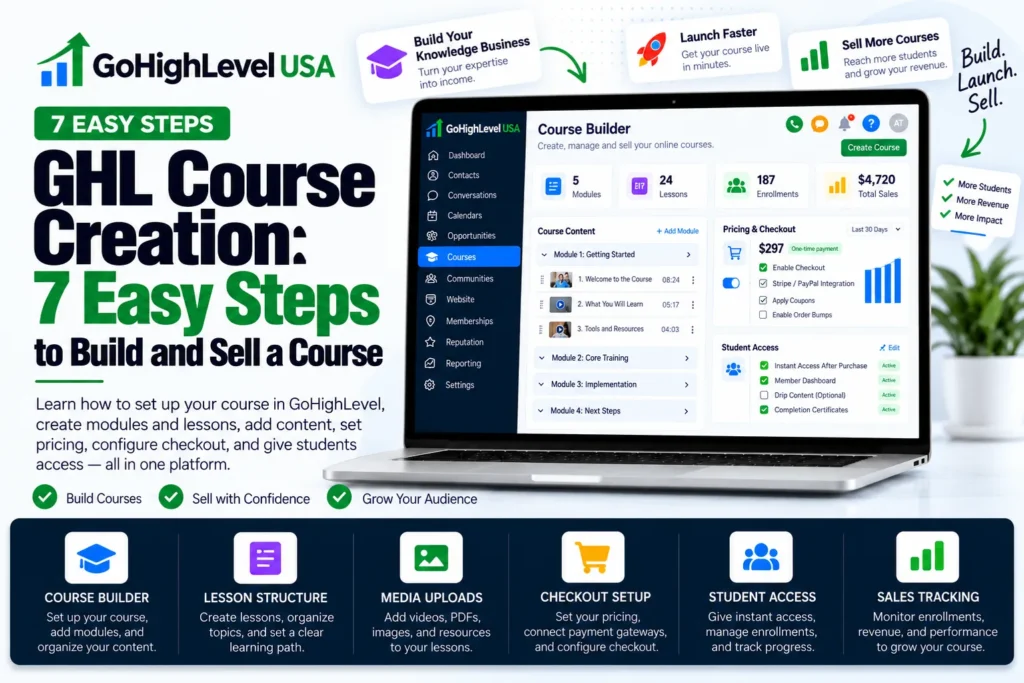 GHL course creation guide with laptop showing an online course portal