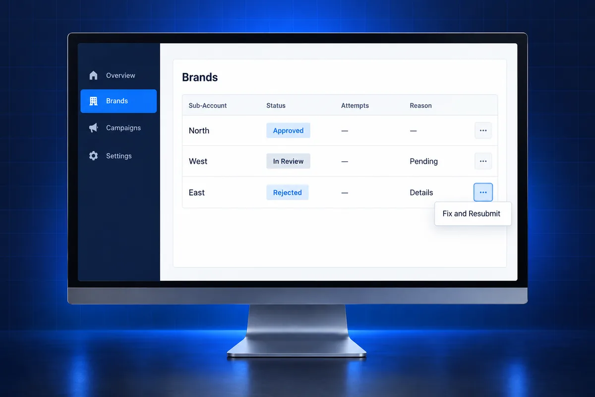 GoHighLevel Agency Trust Center Brands tab with fix and resubmit option