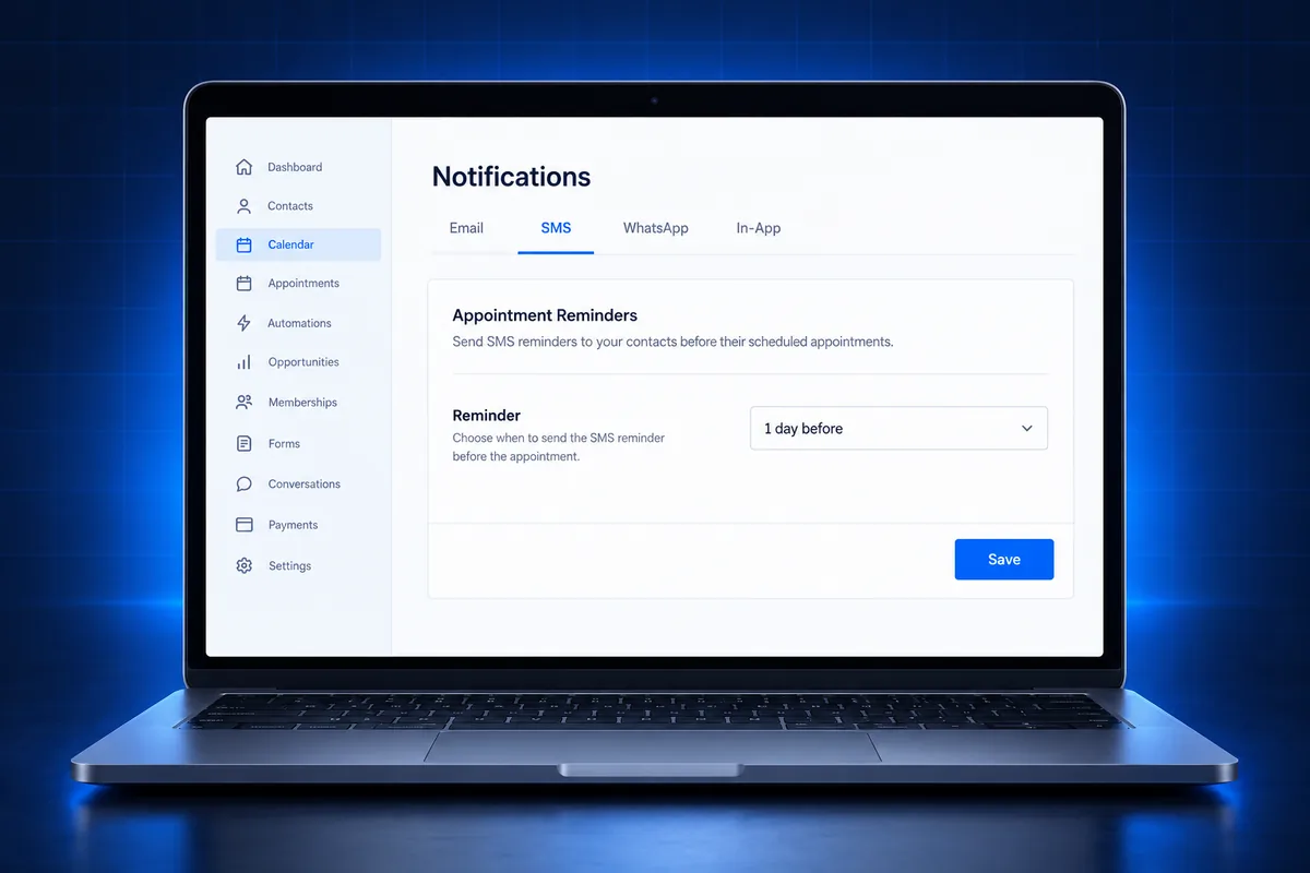 GoHighLevel appointment reminder settings with email, SMS and WhatsApp tabs