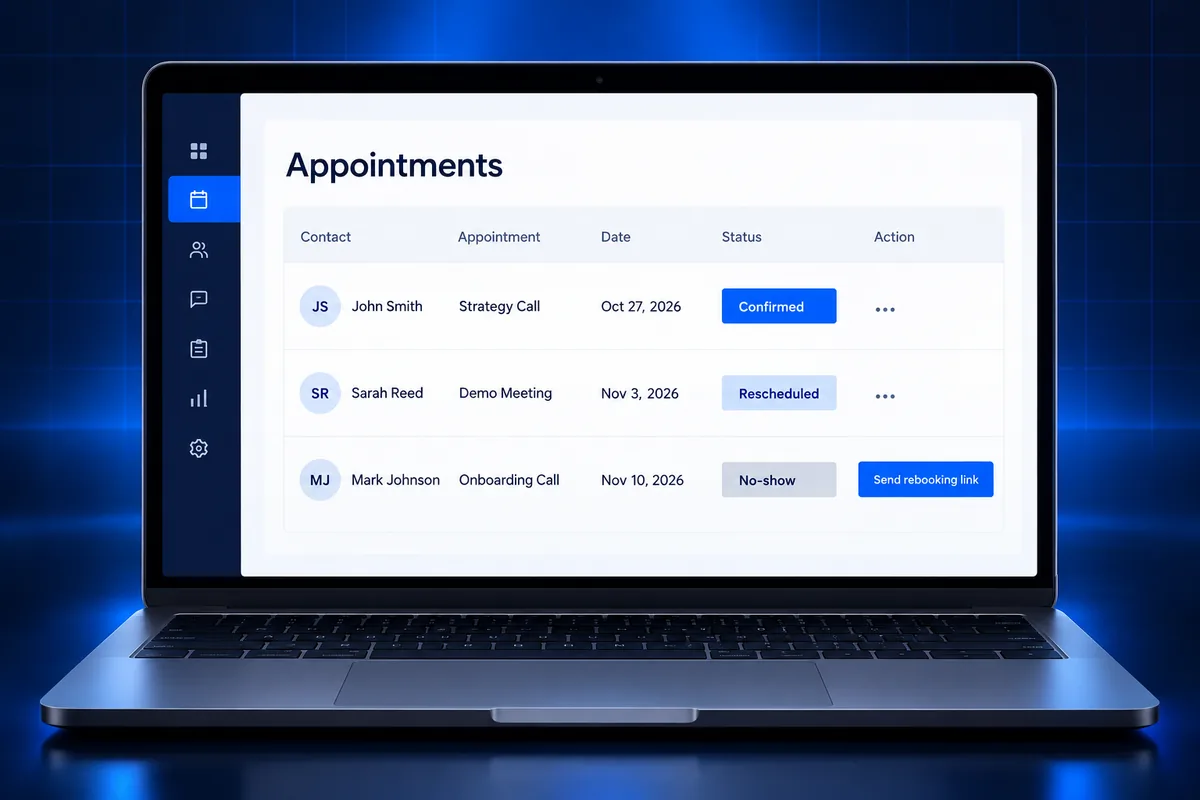 GoHighLevel calendar showing confirmed, rescheduled and no-show appointment statuses