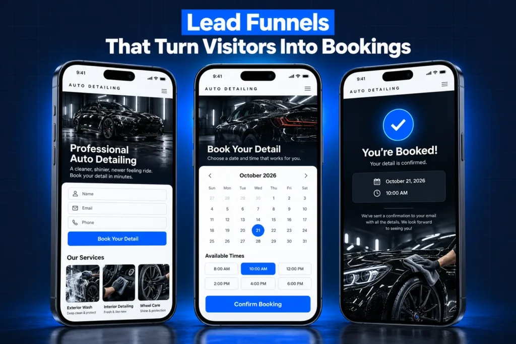 GoHighLevel auto detailing lead funnel: quote form, booking calendar and confirmation