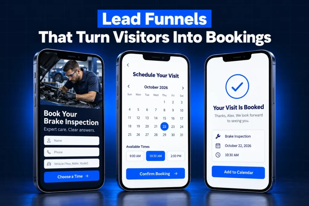 GoHighLevel auto repair lead funnel: quote form, booking calendar and confirmation