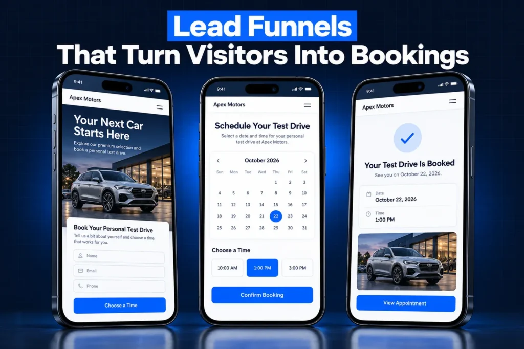GoHighLevel car dealership lead funnel: quote form, booking calendar and confirmation