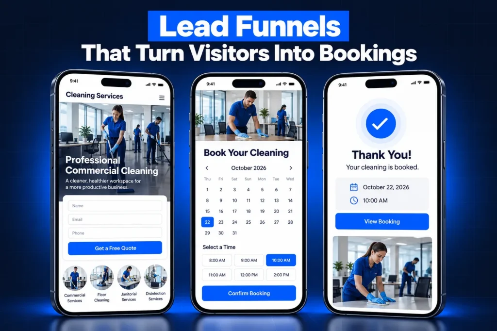 GoHighLevel cleaning service lead funnel: quote form, booking calendar and confirmation