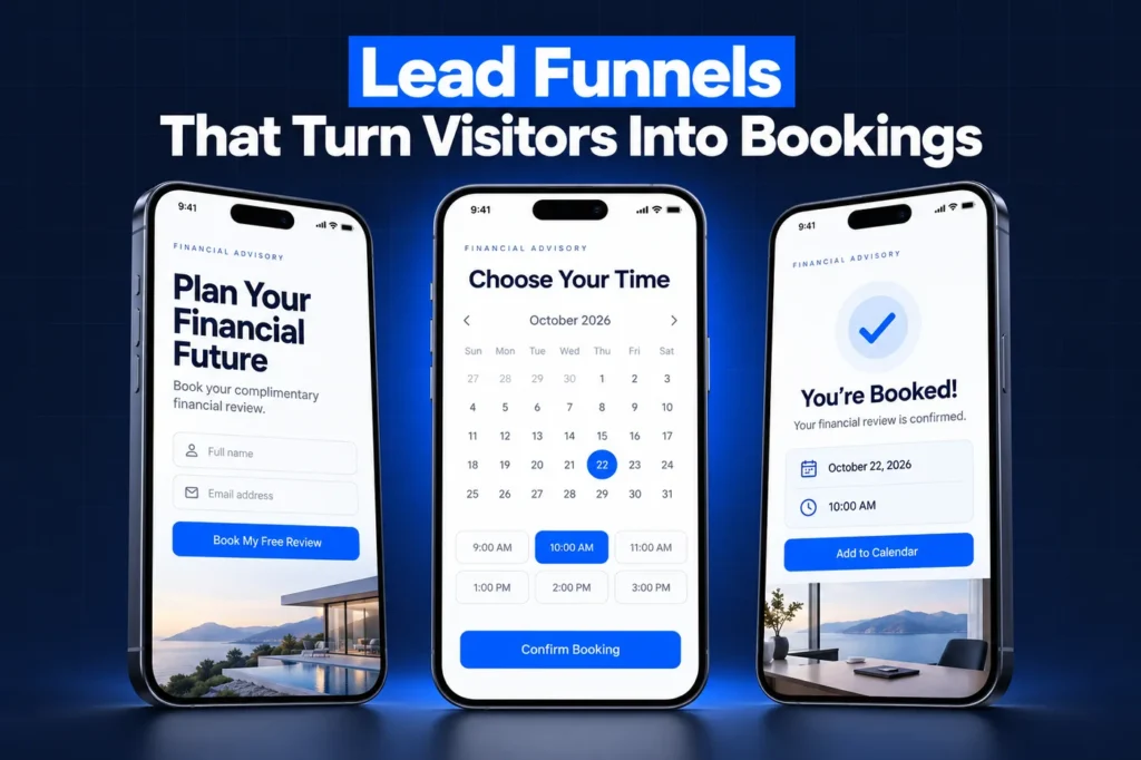 GoHighLevel financial advisor lead funnel: quote form, booking calendar and confirmation