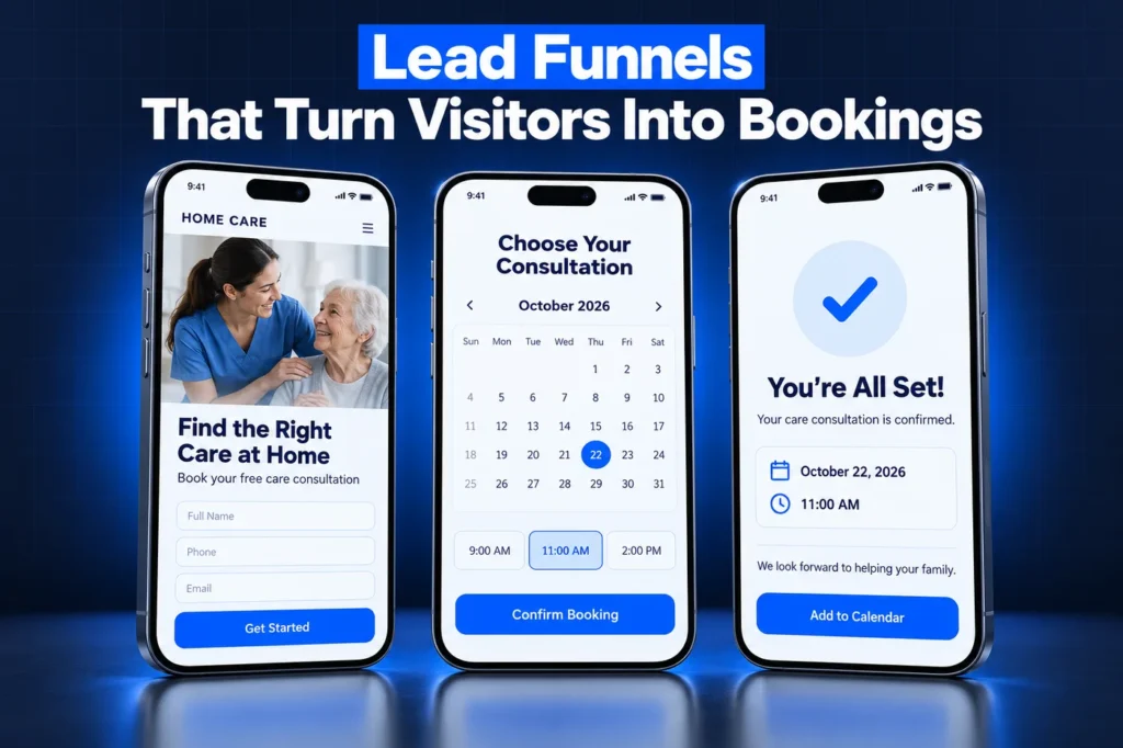 GoHighLevel home care lead funnel: quote form, booking calendar and confirmation