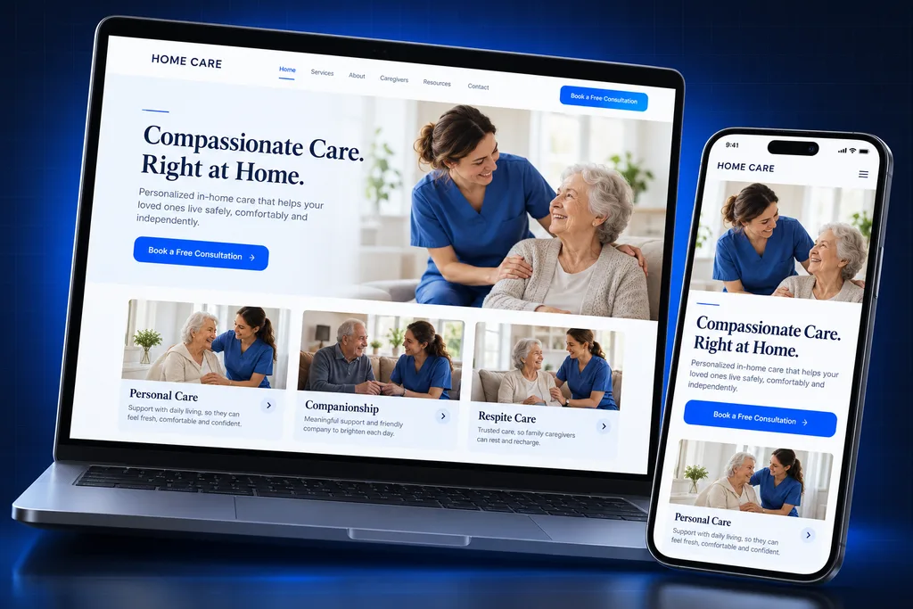 GoHighLevel Home Care snapshot: home care agency automation system on laptop and phone