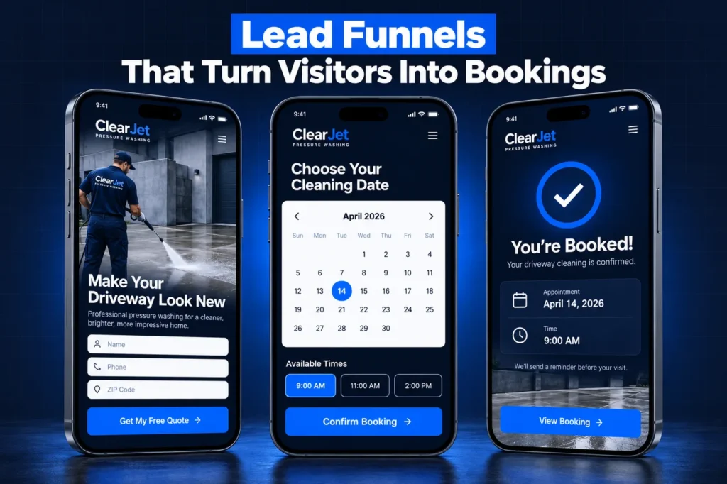GoHighLevel pressure washing lead funnel: quote form, booking calendar and confirmation