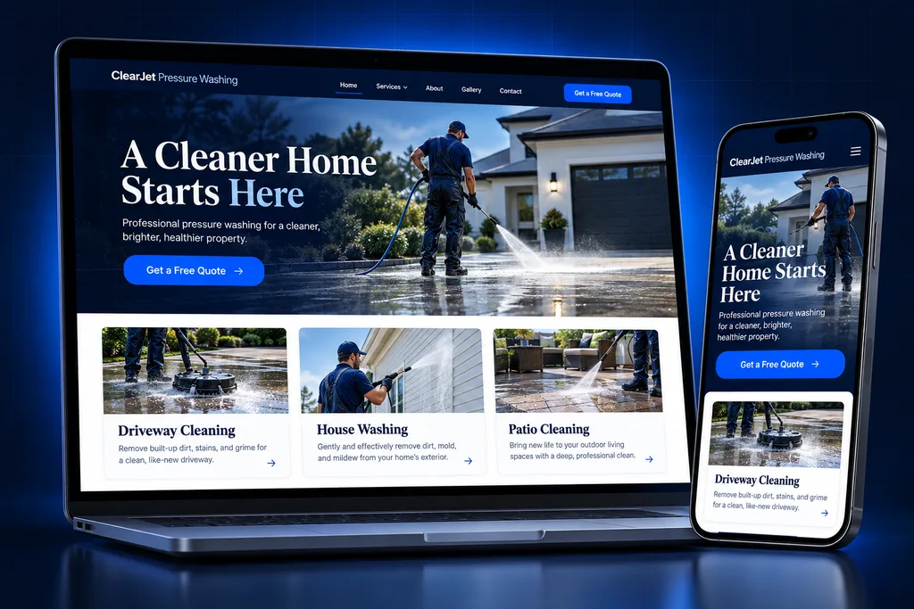GoHighLevel Pressure Washing snapshot: pressure washing automation system on laptop and phone