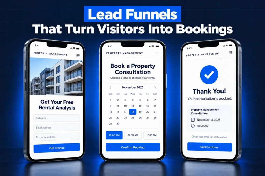 GoHighLevel property management lead funnel: quote form, booking calendar and confirmation