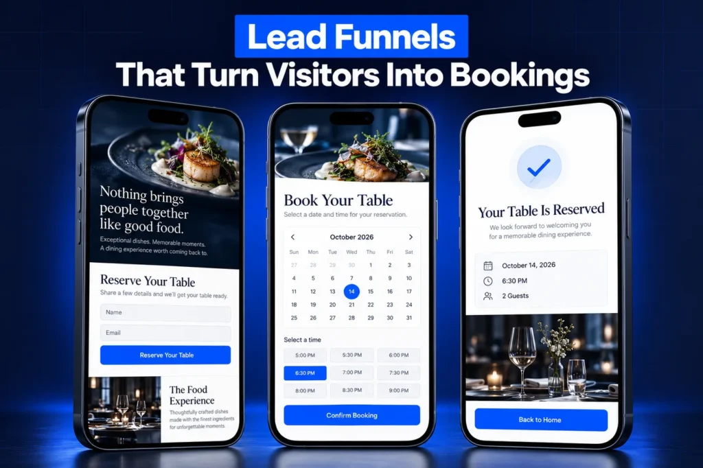 GoHighLevel restaurant lead funnel: quote form, booking calendar and confirmation