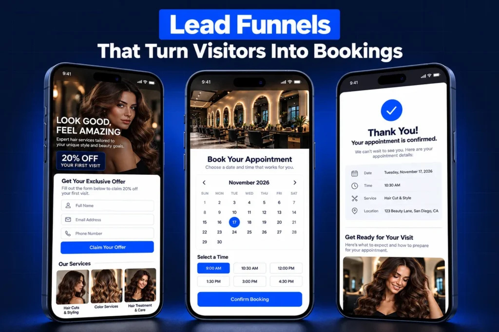 GoHighLevel salon lead funnel: quote form, booking calendar and confirmation