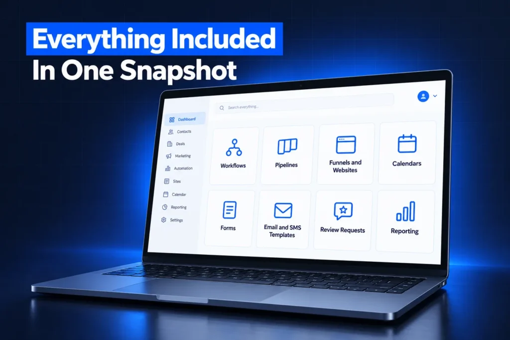Everything included in a GoHighLevel snapshot: workflows, pipelines, funnels, calendars, forms, templates, reviews and reporting