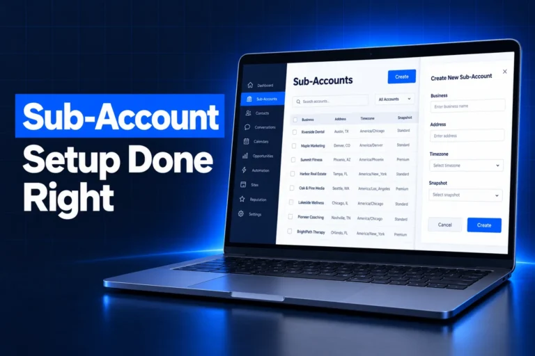 GoHighLevel sub account setup screen with a new sub-account form