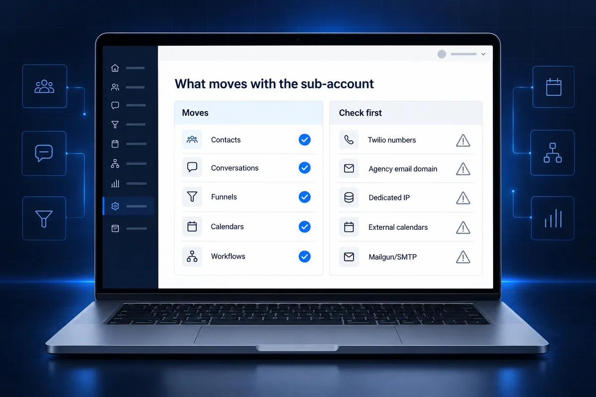 GoHighLevel sub-account transfer: what moves with the account and what to check first