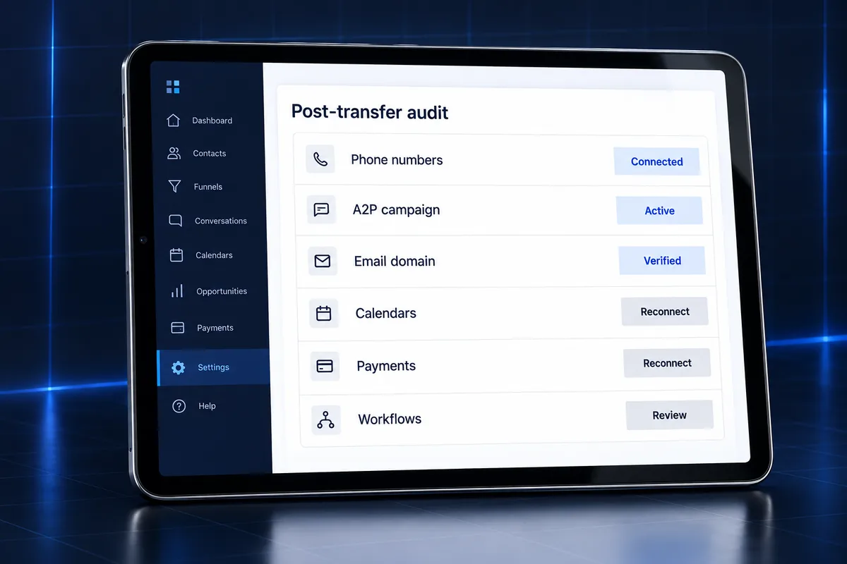 Post-transfer audit checklist for a GoHighLevel sub-account after switching agencies