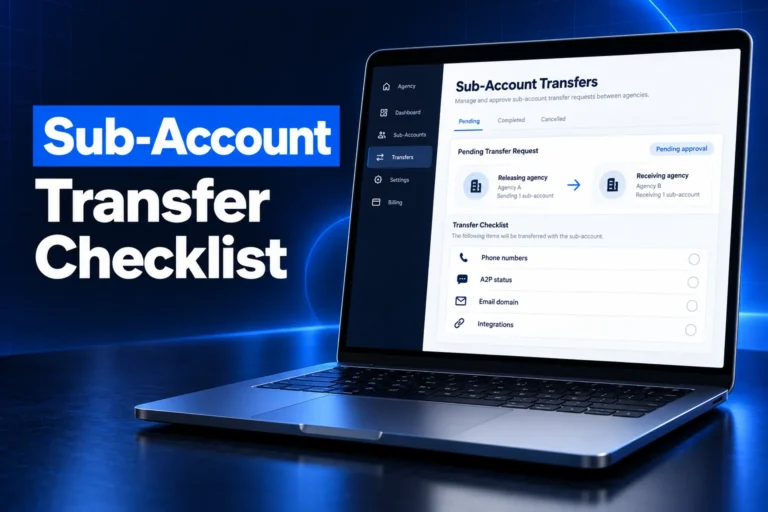 GoHighLevel sub-account transfer request between agencies with a transfer checklist