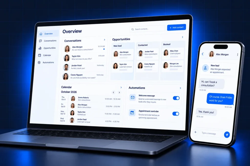 GoHighLevel CRM dashboard with conversations, pipeline, calendar and automations on laptop and phone