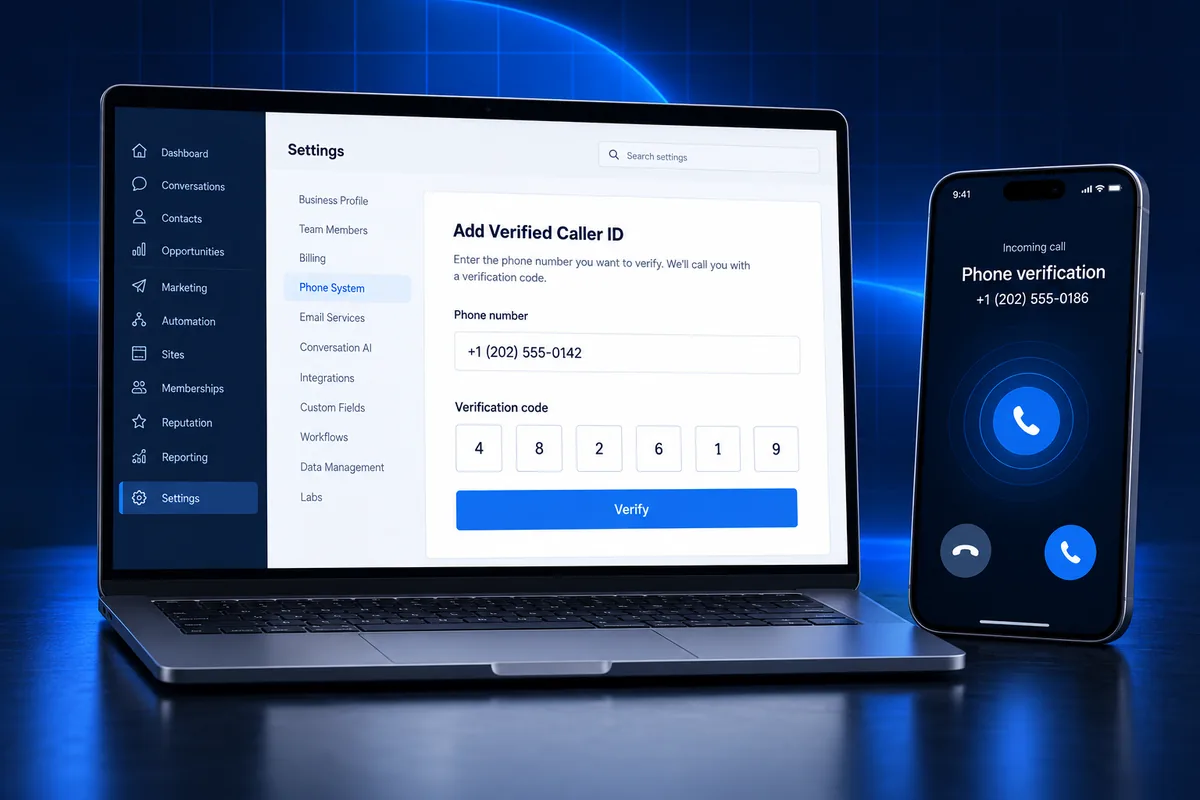 GoHighLevel verified caller ID setup screen with a verification code