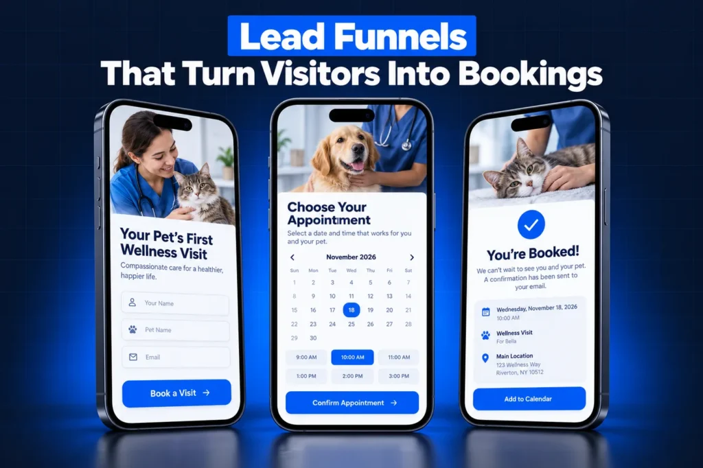 GoHighLevel veterinary lead funnel: quote form, booking calendar and confirmation