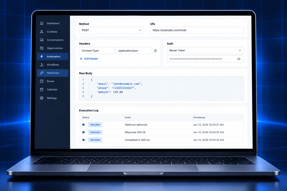 GoHighLevel custom webhook action settings with method, URL, auth and JSON body