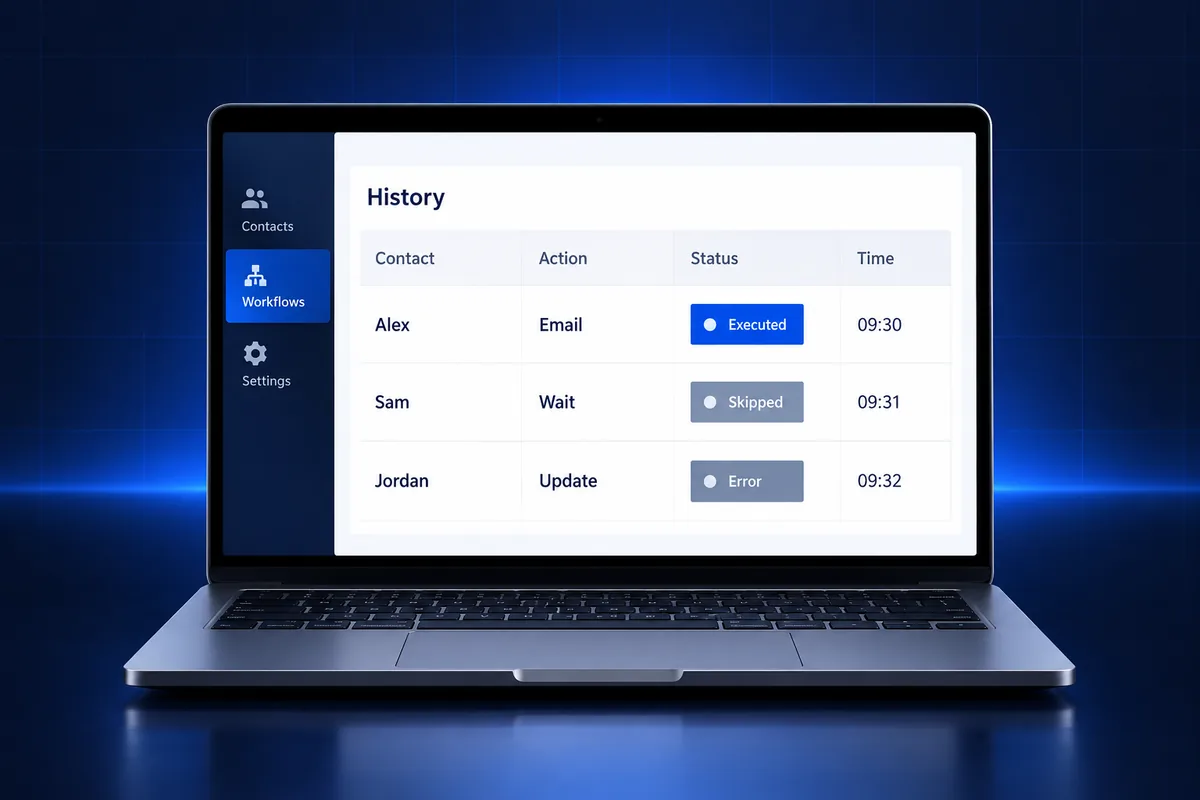GoHighLevel workflow history showing executed, skipped and error statuses